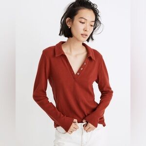 Madewell Plush Ribbed Polo Long Sleeve Top Rusted Red size Small